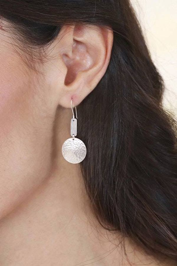 Alternate image for Round Sterling Silver Dangle Earrings with Textured Surfaces Circular Charm