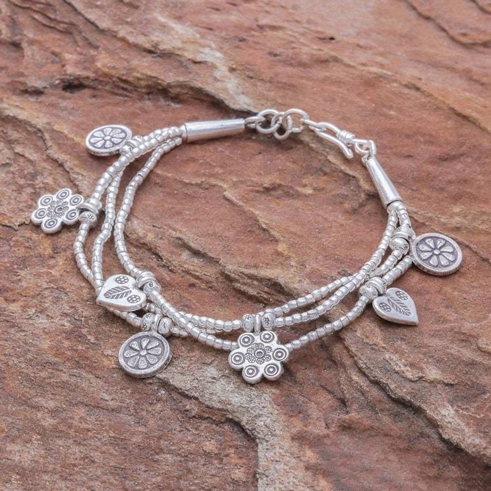 Floral Charm Karen Silver Beaded Bracelet from Thailand 'Dainty Garden'