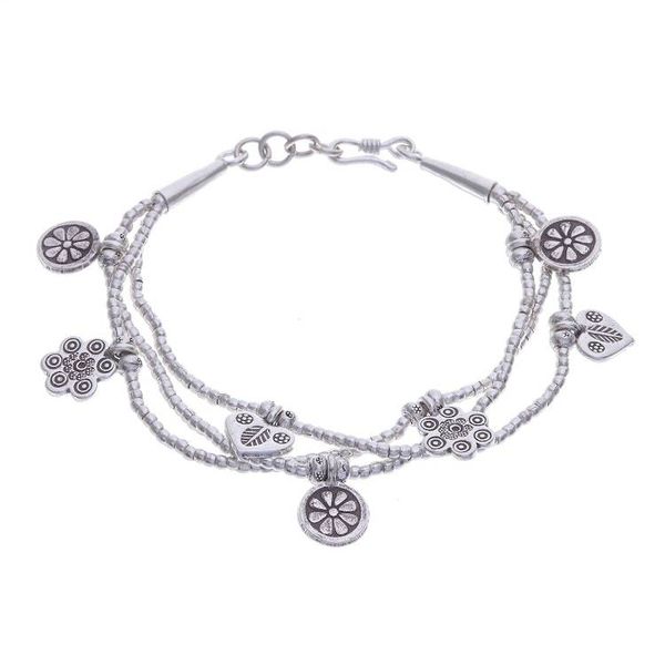 Alternate image for Floral Charm Karen Silver Beaded Bracelet from Thailand Dainty Garden