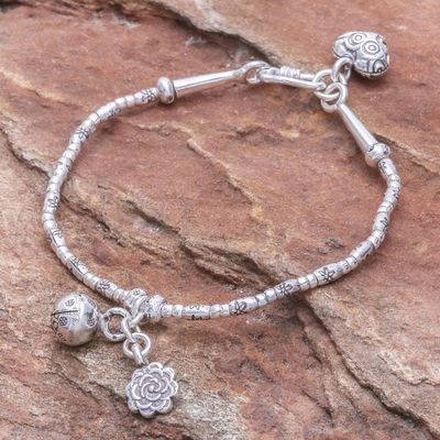 Alternate image for Floral Karen Silver Beaded Bracelet with Bell Charm Floral Sound