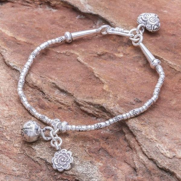Alternate image for Floral Karen Silver Beaded Bracelet with Bell Charm Floral Sound