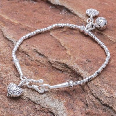 Alternate image for Floral Karen Silver Beaded Bracelet with Bell Charm Floral Sound