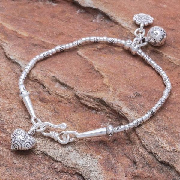 Alternate image for Floral Karen Silver Beaded Bracelet with Bell Charm Floral Sound