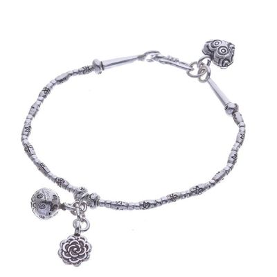 Alternate image for Floral Karen Silver Beaded Bracelet with Bell Charm Floral Sound