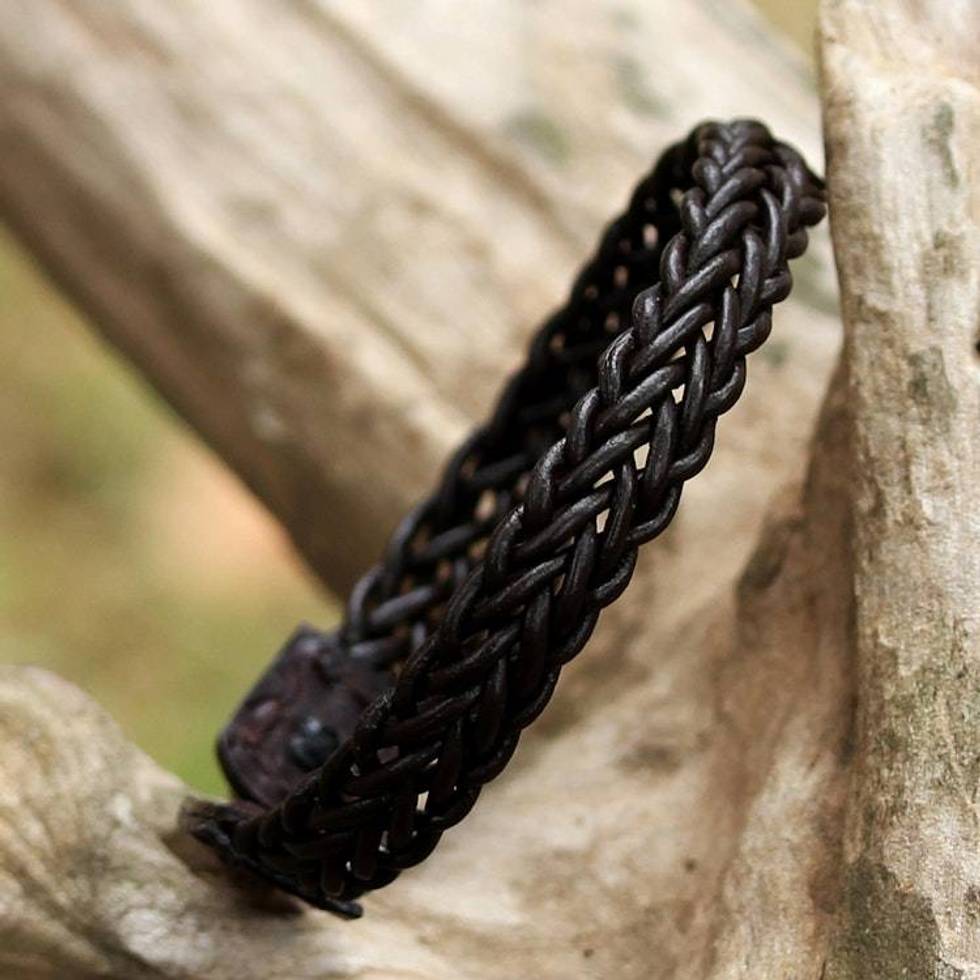 Brown Leather Adjustable Braided Bracelet from Thailand 'Fun Times in Dark Brown'