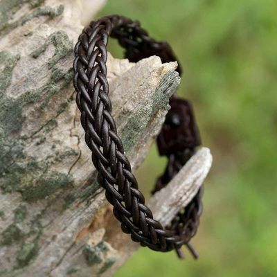 Alternate image for Brown Leather Adjustable Braided Bracelet from Thailand Fun Times in Dark Brown