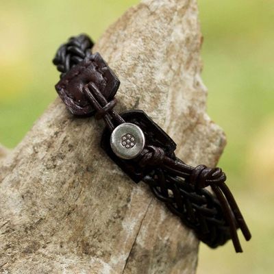 Alternate image for Brown Leather Adjustable Braided Bracelet from Thailand Fun Times in Dark Brown