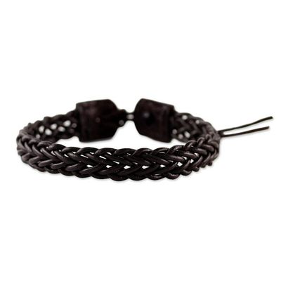 Alternate image for Brown Leather Adjustable Braided Bracelet from Thailand Fun Times in Dark Brown