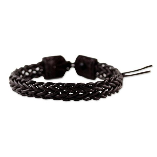Alternate image for Brown Leather Adjustable Braided Bracelet from Thailand Fun Times in Dark Brown