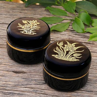 Alternate image for Gold-Accented Lotus-Themed Lacquerware Boxes Pair Deco Lotus