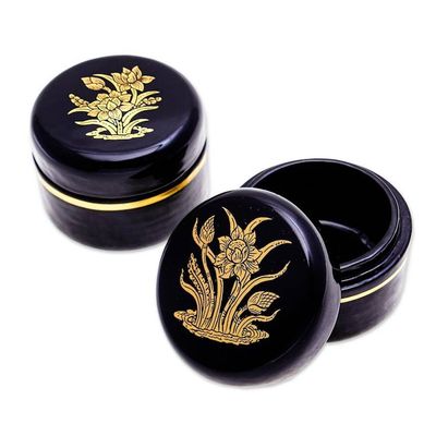 Alternate image for Gold-Accented Lotus-Themed Lacquerware Boxes Pair Deco Lotus