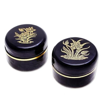 Alternate image for Gold-Accented Lotus-Themed Lacquerware Boxes Pair Deco Lotus