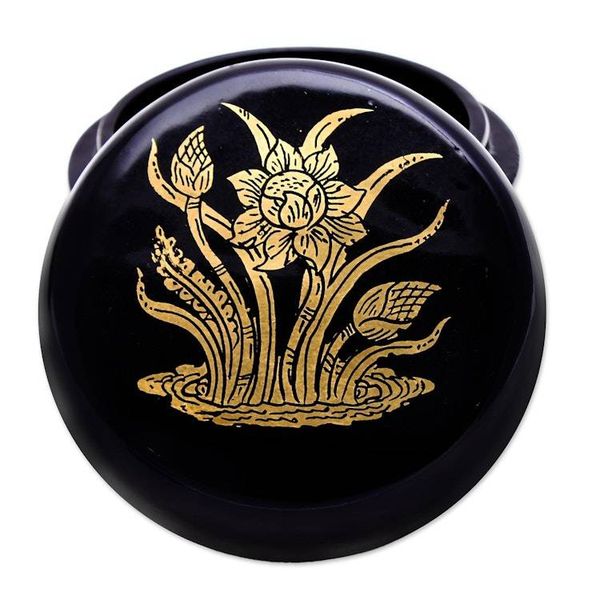 Alternate image for Gold-Accented Lotus-Themed Lacquerware Boxes Pair Deco Lotus