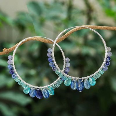 Primary image for Continuous Hoop Earrings in Silver with Blue Gemstones Following Sea