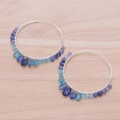 Alternate image for Continuous Hoop Earrings in Silver with Blue Gemstones Following Sea