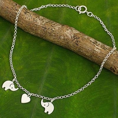 Alternate image for Handcrafted Thai Sterling Silver Heart and Elephant Anklet Elephant Romance