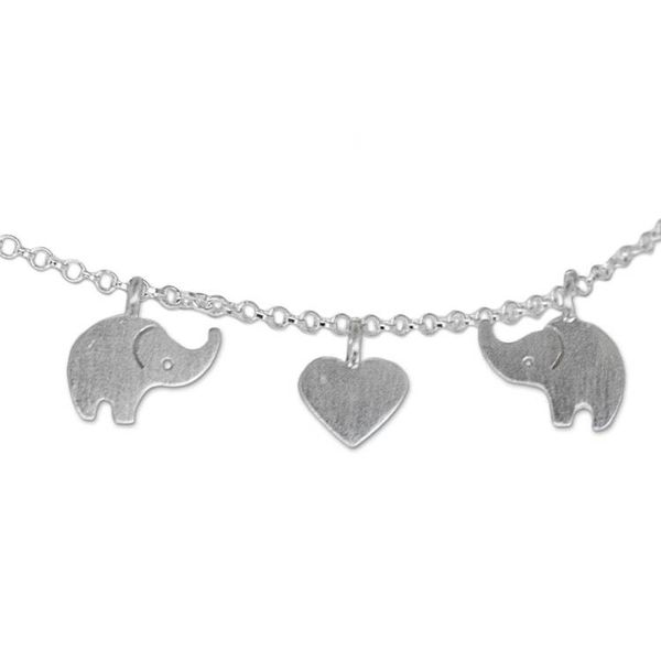 Alternate image for Handcrafted Thai Sterling Silver Heart and Elephant Anklet Elephant Romance