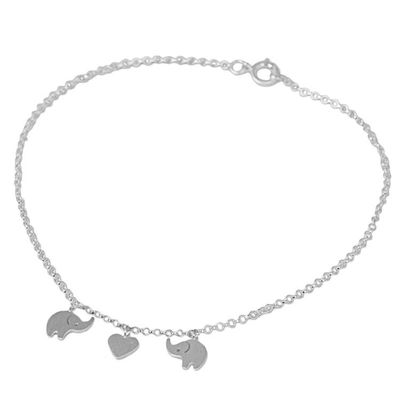 Alternate image for Handcrafted Thai Sterling Silver Heart and Elephant Anklet Elephant Romance