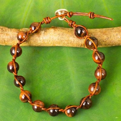 Primary image for Tigers Eye and Leather Handcrafted Bracelet with Silver 950 Warm Rhythm