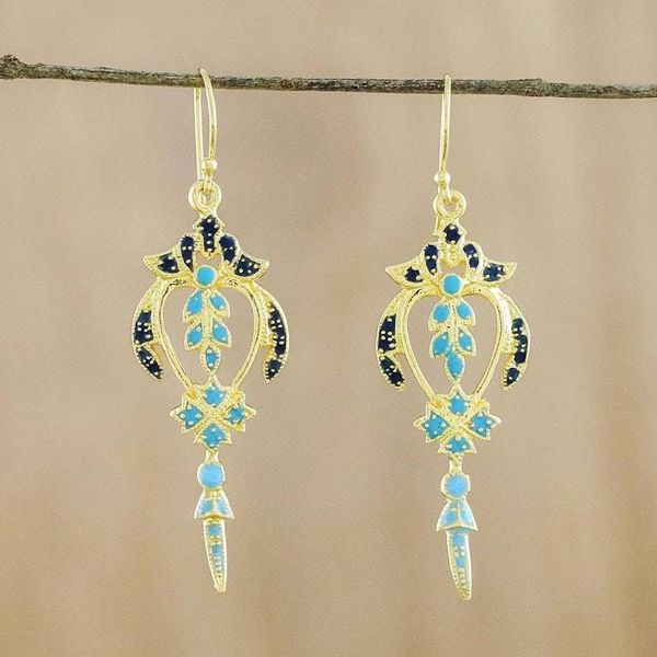 Alternate image for Gold Plated Brass Earrings in Blue and Navy from Thailand Proud Beauty in Blue