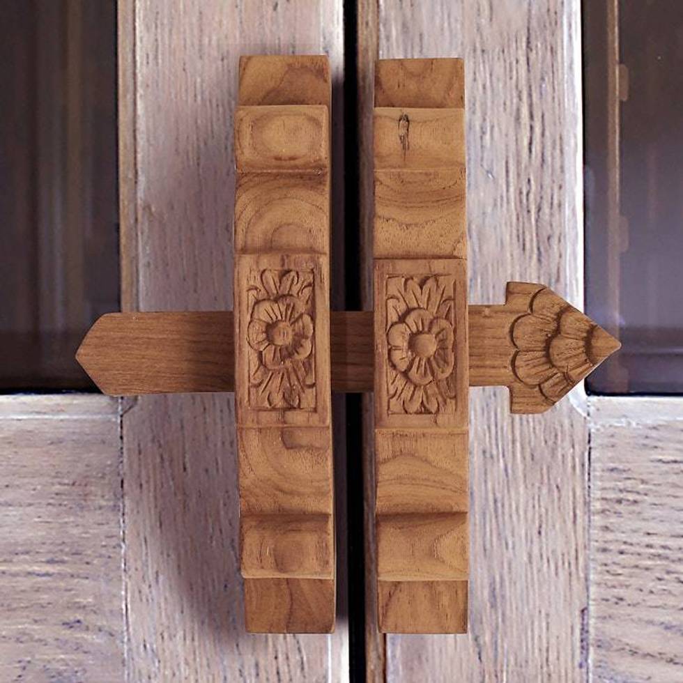 Teak Wood Floral Door Latch Hand-Carved in Thailand 'Great Floral Reception'