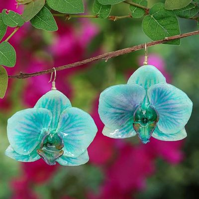 Alternate image for Natural Turquoise Orchid Resin Dangle Earrings from Thailand River Fantasy