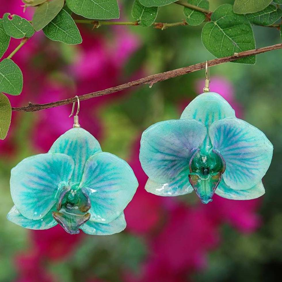 Natural Turquoise Orchid Resin Dangle Earrings from Thailand 'River Fantasy'