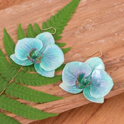 Alternate image for Natural Turquoise Orchid Resin Dangle Earrings from Thailand River Fantasy