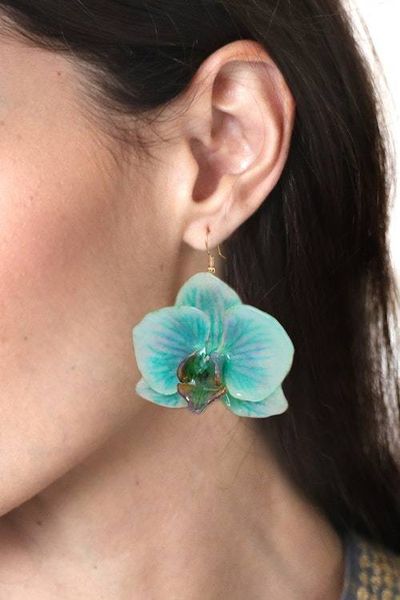 Alternate image for Natural Turquoise Orchid Resin Dangle Earrings from Thailand River Fantasy