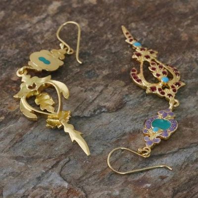 Alternate image for Gold Plated Brass Earrings in Purple and Red from Thailand Thai Succulence