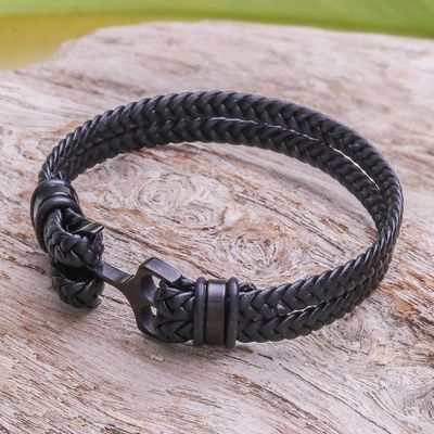Primary image for Braided Leather Wristband Bracelet in Black from Thailand Anchor Strength in Black