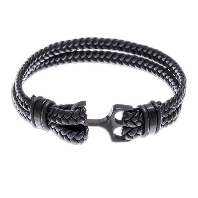 Alternate image for Braided Leather Wristband Bracelet in Black from Thailand Anchor Strength in Black