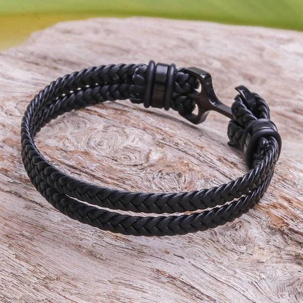 Alternate image for Braided Leather Wristband Bracelet in Black from Thailand Anchor Strength in Black