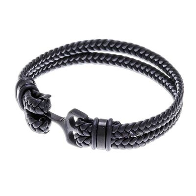 Alternate image for Braided Leather Wristband Bracelet in Black from Thailand Anchor Strength in Black