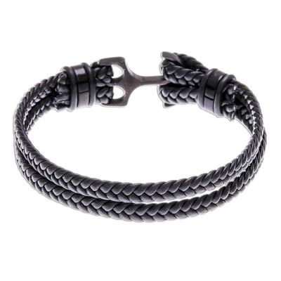 Alternate image for Braided Leather Wristband Bracelet in Black from Thailand Anchor Strength in Black