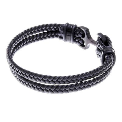 Alternate image for Braided Leather Wristband Bracelet in Black from Thailand Anchor Strength in Black