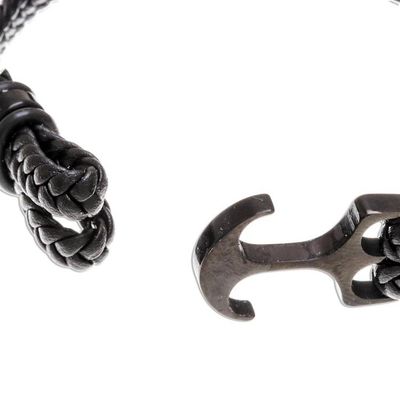 Alternate image for Braided Leather Wristband Bracelet in Black from Thailand Anchor Strength in Black