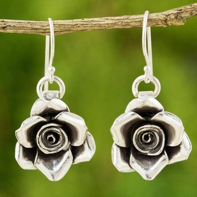 Primary image for Handcrafted Floral 950 Silver Dangle Earrings Sweetheart Rose