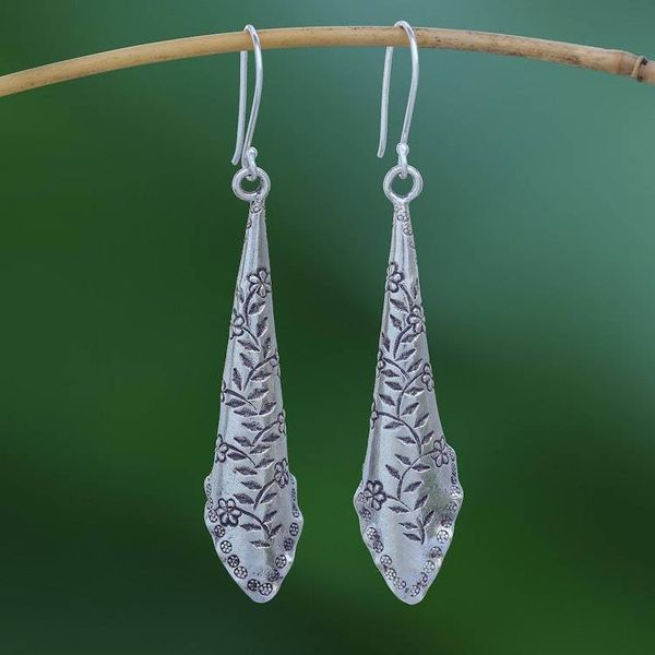 Alternate image for Floral Pattern Karen Silver Dangle Earrings from Thailand Dewy Garden