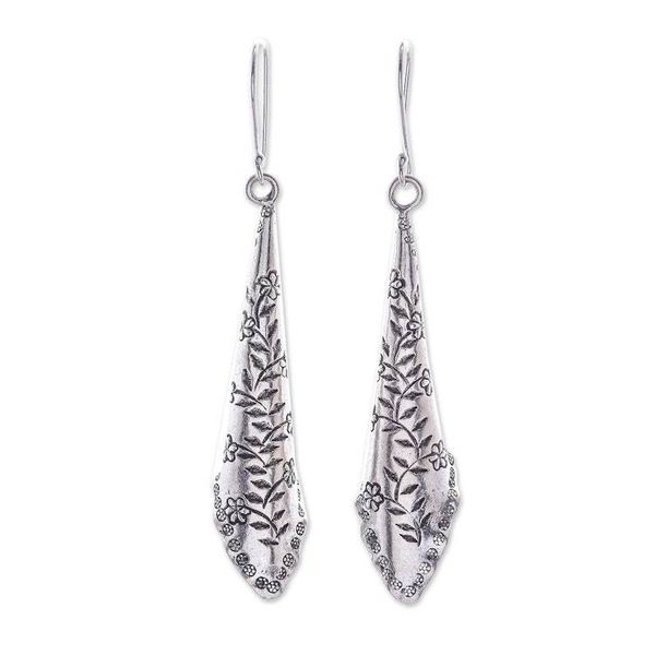Alternate image for Floral Pattern Karen Silver Dangle Earrings from Thailand Dewy Garden