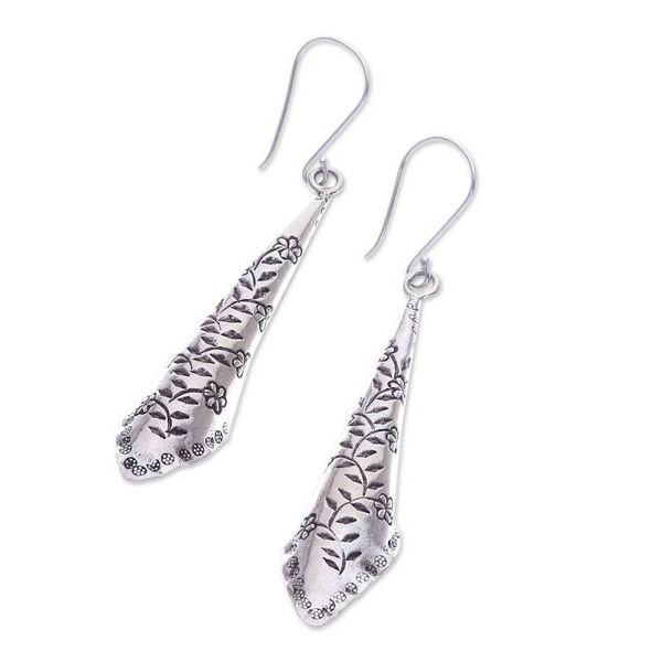 Alternate image for Floral Pattern Karen Silver Dangle Earrings from Thailand Dewy Garden