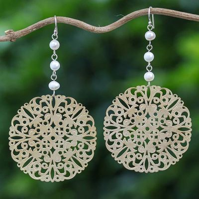 Alternate image for Cultured Freshwater Pearl Openwork Coin Earrings Elegant Coin