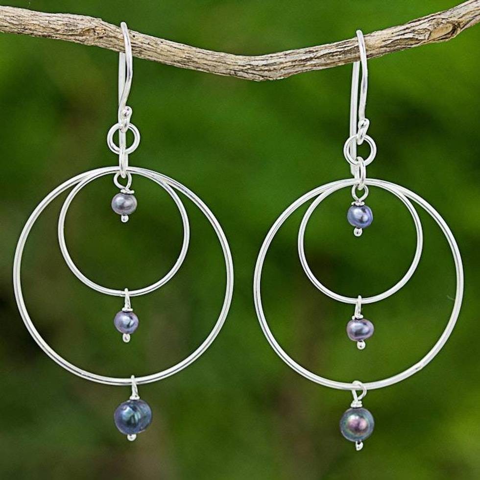 Sterling Silver Dyed Pearl Dangle Earrings from Thailand 'Lake Ripples'