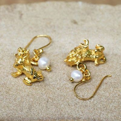 Alternate image for Gold Plated Cultured Pearl Leo Earrings from Thailand Radiant Leo