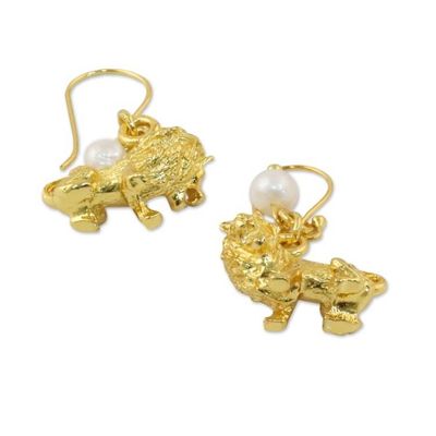 Alternate image for Gold Plated Cultured Pearl Leo Earrings from Thailand Radiant Leo