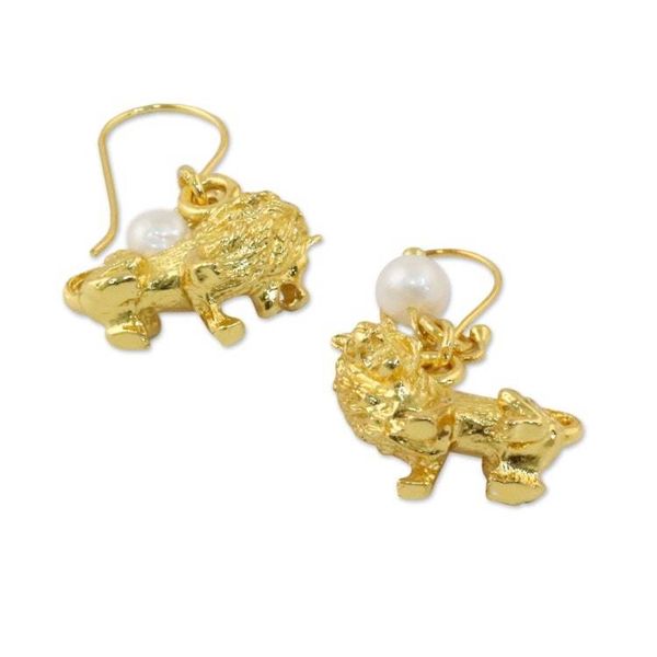 Alternate image for Gold Plated Cultured Pearl Leo Earrings from Thailand Radiant Leo