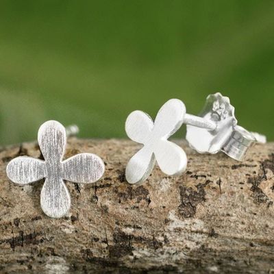 Primary image for Brushed Sterling Silver Stud Earrings with Clover Motif Clover for Luck