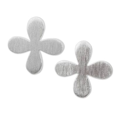 Alternate image for Brushed Sterling Silver Stud Earrings with Clover Motif Clover for Luck