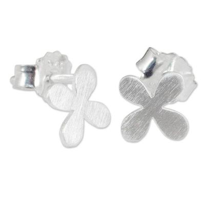 Alternate image for Brushed Sterling Silver Stud Earrings with Clover Motif Clover for Luck