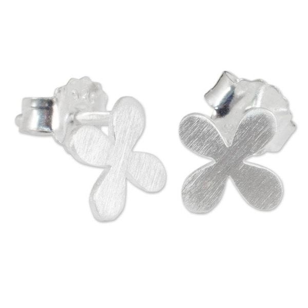 Alternate image for Brushed Sterling Silver Stud Earrings with Clover Motif Clover for Luck